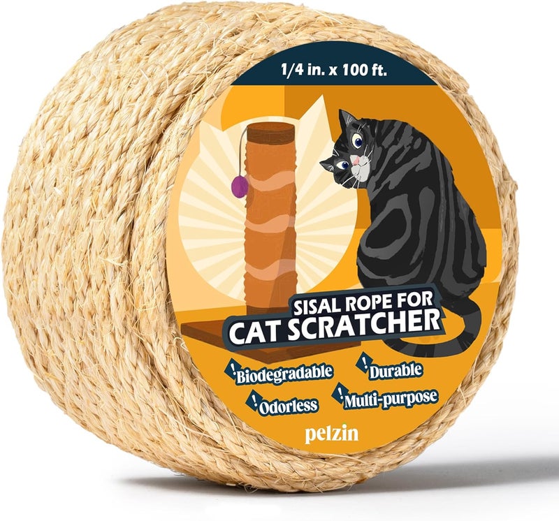 PELZIN Natural Sisal Rope for Cat Scratcher 1/4 Inch by 100 Feet, Cat Tree Rope Twine for Cat Scratching Post Replacement, Cat Tower with Scratch Post Repairing, Replace, Recovering and DIY, Natural - Image 1